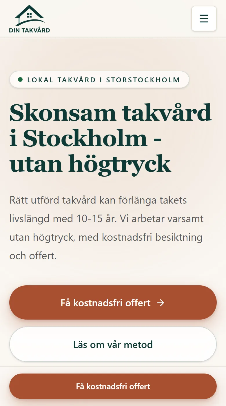 DinTakvårds startsida i mobilvy